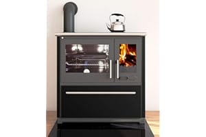 ECOfoxx Küchenofen Holzherd Plamen 850 schwarz, linke Version - 8 kW Dauerbrandherd aus Gußeisen, Freistehend mit emaillierter Seitenverkleidung und großem Backfach