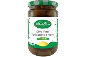 VALLE DEL CRATI ECCELLENZE GASTRONOMICHE DAL 1998 Valle del Crati Olive Verdi Schiacciate a Mano, Olive Verdi Sottolio condite con Peperoncino e Spezie | Ideale per Antipasti, Condimenti, Formaggi, Ricette Salate, Aperitivi | Vasetto 280 gr