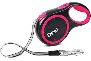 DOKI XL Large Retractable Dog Lead, 8m/26FT Reflective Strong Nylon Tape Ribbon Leash, One-Button Brake&Lock Extendable Dog Lead for Small Medium Dogs (Pink)