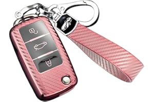 RXXR Etui na kluczyki samochodowe kompatybilne z VW, VW Golf Key Box, pokrowiec na klucze do VW Polo, Passat, Skoda, Seat, 3 przyciski, różowe