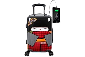 TOKYOTO - Valigia Da Cabina Divertente Per Bambini Adolescenti Ragazze E Fans Di Bambole Kokeshi Giapponesi Bagaglio A Mano Con USB 55x40x20 cm | Trolley 55x35x20 Valigia Rigida 10 Kg Japan Doll