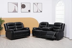 SOFALAND Recliner Black Bonded Leather 3+2 Seater Settee For Living Room Furniture - Luxury High Back Sofa Set With Cup Holder & Cheap Couche (3+2 Seater Sofa)