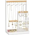 metwoods Jewellery Organiser Stand-4 Tier Earring Organiser Necklace Holder, Jewellery Display Stand Holder with Metal Storage Tray, for Necklace Bracelet Rings Watches, Gifts for Women Girls (White)