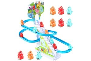 SPEPROECO Electric Dinosaur Climbing Stairs Toys with 9 Dinosaur Toys,Race Track Game with Music and Flashing LED Lights,Slide Rollercoaster Toys for Kids 3-8 Years Christmas Birthday Gift