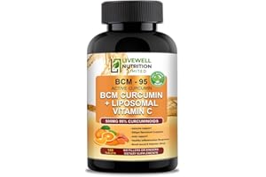 LIVEWELL NUTRITION LIMITED BCM - 95 Active Curcumin + Liposomal Vitamin C with Bioflavonoids Zinc and BioPerine Advanced Formula 180 Tablets,1000mg (Raw Curcumin Extract with Turmeric rhizome suitable for vegans