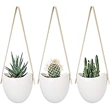 Mkouo Hängeampeln Keramik Blumentopf Hängend Wand Vase Blumenampel deko für Sukkulenten/Kaktus, Perlweiss, 3 Stück