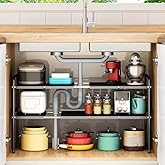 HOOBRO Under Sink Shelf Extendable Storage Stainless Steel and pp Plastic Rack Adjustable Kitchen Organizer (Black-2-Tiers)