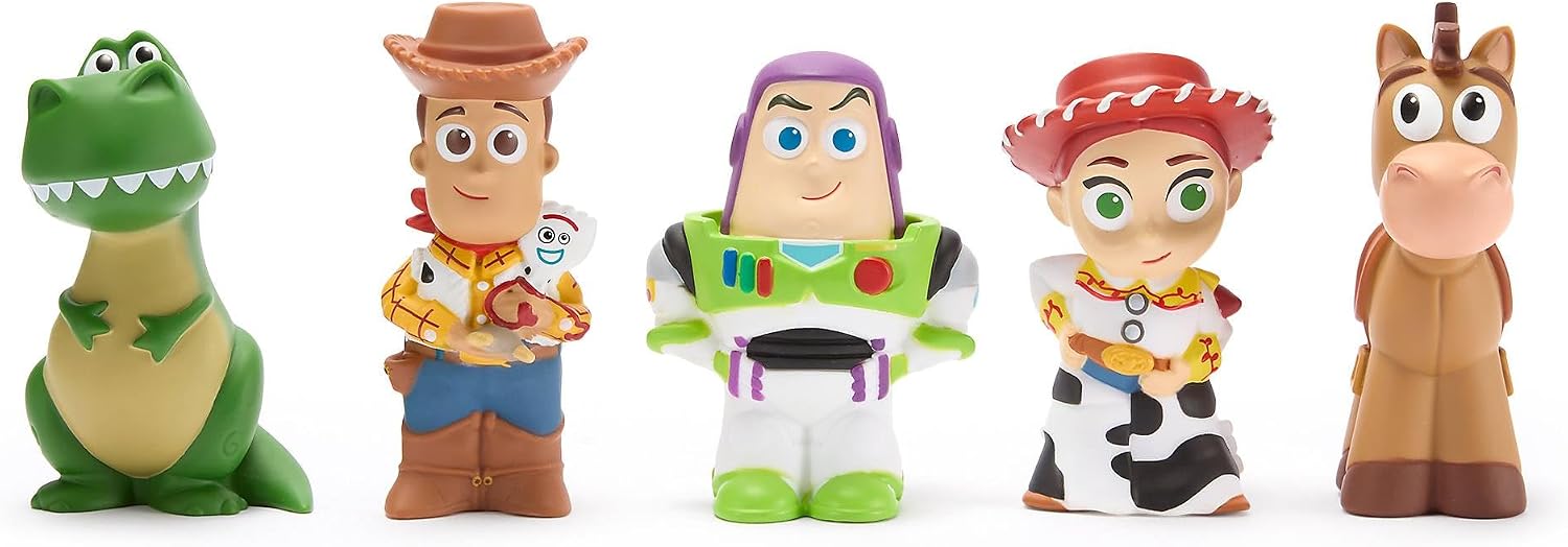 Disney Store Official Toy Story Bath Toy Set, 5 Pc, Includes Buzz Lightyear, Woody, Jessie, Bullseye and Rex, Bucket with Straining Lid, Bath, Paddling Pool and Garden Toy, 6 months+