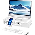 Holdfiturn Computer Monitor Stand, Adjustable Monitor Riser Stand with Smartphone&Tablet Stand Holder, Foldable Width Monitor Stand for Computer, Laptop, Printer, Mesh Surface (White)