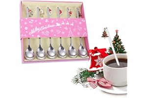 QUOHE Cucchiaini da Caffè di Natale,6 Pcs Lunghi Cucchiai in Acciaio Inox con Pendenti Natalizi Posate Decorazione da Tavola,Piccoli Cucchiaio Natalizio da Zucchero Tè Torta,con Confezione Regalo (Argento)