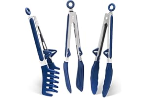 TOWINGO Pinzas de Cocina de Acero Inoxidable, 23 cm Pinzas Barbacoa con Puntas de Silicona para Pasta Buffet Ensalada, Azul