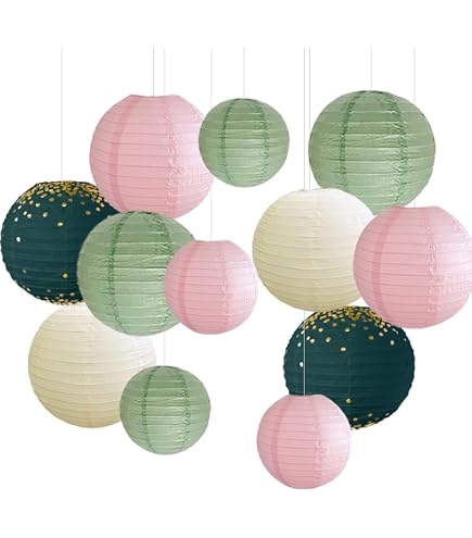 Kit Déco Fête Rose Poudré & Vert Sauge – Pompons Papier, Lanternes, Confettis – Pour Anniversaire, Mariage, Baby Shower – Décoration Table - 14