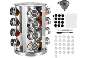Miorkly Rotating Spice Rack Organiser with 16 Spice Jars, Thick and Strong Spice Racks Free Standing Carousel Spice Storage Can Rotated 360°, 16 Glass Spice Jars for Cooking Revolving Spice Rack