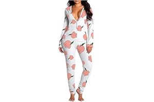 LYSINK Women Christmas Jumpsuit Pajamas Sexy Butt Button Back Flap V Neck Long Sleeve Romper Bodycon Sleepwear