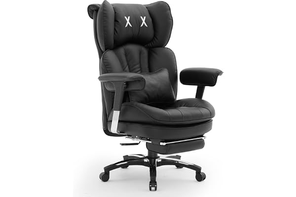 Efomao Office Chair PU Leather X Embroidery Large High Adjustable High Back Computer Gaming Chair Executive Swivel 200kg Footrest Lumbar Support