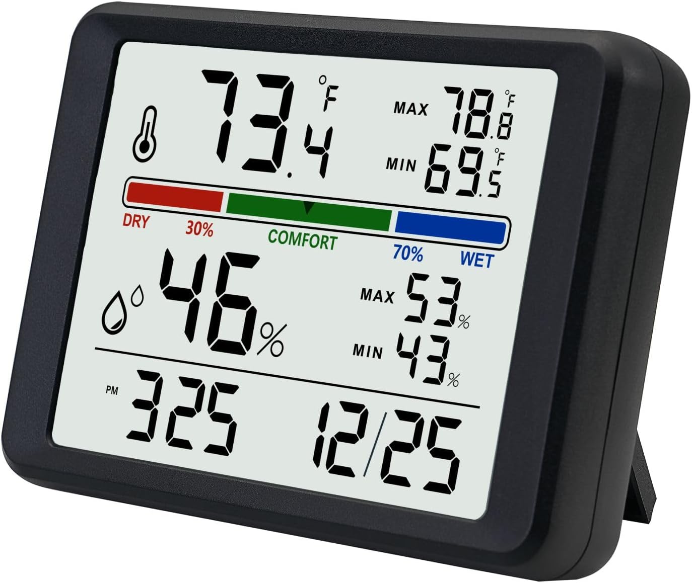 Digital Thermometer Hygrometer, Plumeet Indoor Wall Thermometer with Backlight, Digital Alarm Clock, Date, Air Comfort Indicator, Max Min Record, Desktop Thermometer for Home, Black
