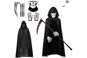 Gxlaihly Disfraz de Parca para Adultos, Halloween disfraz la muerte,con Capucha, Máscara de Calavera, Guantes, Guadaña,Disfraz de parca,Conjunto de Disfraces de Reaper de Halloween