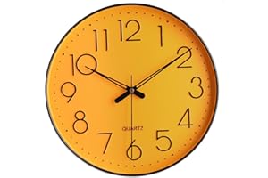 Topkey Reloj de Pared de 12 Pulgadas, silencioso, sin tictac, con números arábigos, Redondo, Decorativo, Reloj de Pared para Oficina, Sala de Estar, Dormitorio, Cocina - Color Amarillo