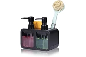 GINZER Dish Soap Dispenser for Kitchen Countertop with Sponge Caddy and Brush Holder - Refillable Non-Slip Dual Pump 4-in-1 Dispenser Soap Dispenser for Kitchen Sink, Essential Kitchen Gadgets – Black