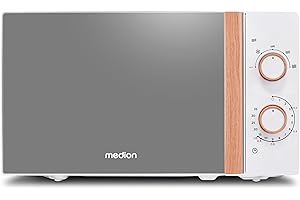 MEDION Mikrowelle klein (Holzoptik, Freistehend, 20 Liter, 700 Watt, Verspiegelte Tür, 5 Leistungsstufen, Auftaufunktion, Zeitschaltuhr, MD10596) weiß