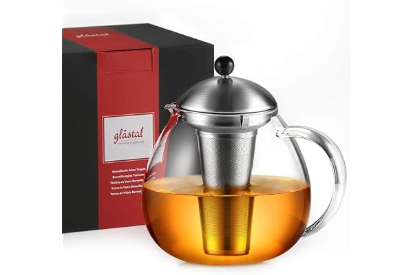 Glastal Tekanna i glas, silver, 1 500 ml, med tesil i 18/8 rostfritt stål, tebryggare i borosilikatglas, lämplig för tevärmare