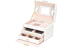 Podazz Jewellry Box for Women, 3 Layers PU Leather Jewelry Organizer with Mirror and Lock, Drawer type, for Storing Rings, Bracelets, Earrings, Necklaces, Travel Femal Gift Box - White