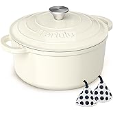 Enamelled Cast Iron Round Casserole Pot with Lid & Cotton Potholders - 26cm 4.75L Non-Stick Dutch Oven - Sturdy Dutch Oven Co