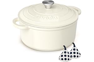 TERLULU Enamelled Cast Iron Round Casserole Pot with Lid & Cotton Potholders - 26cm 4.75L Non-Stick Dutch Oven - Sturdy Dutch Oven Cookware for Bread Baking, Braising, Stews, Roasting - Cream White, 5QT