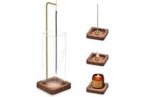 ‎HOLWIM Holwim Holz Räucherstäbchen Halter, Räucherstäbchenhalter mit Abnehmbarem Aschefänger Aus Glas [Anti-Asche Flug] Modern Style Weihrauchbrenner Ideal für Meditation Yoga,Deko Schlafzimmer, Heimbüro