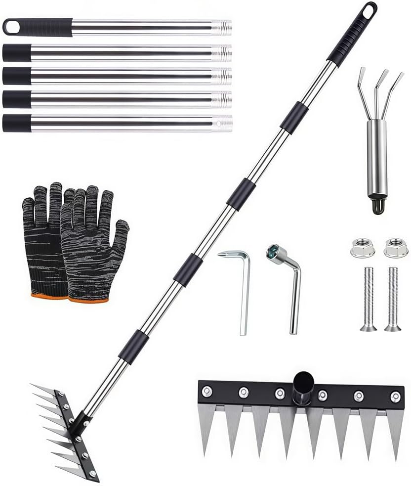 Rastrillo de Deshierbe con Mango de Acero Inoxidable 185cm, Rastrillo de Acero Grueso de 8 Dientes, Herramienta de Extracción de Malas Hierbas, para Deshierbar, Aflojar, Sembrar, Patio y Jardín