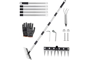 Rastrillo de Deshierbe con Mango de Acero Inoxidable 185cm, Rastrillo de Acero Grueso de 8 Dientes, Herramienta de Extracción de Malas Hierbas, para Deshierbar, Aflojar, Sembrar, Patio y Jardín