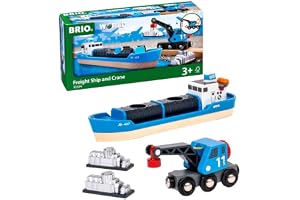 BRIO 33534 Containerfartyg med flyttbar kran | Freight Ship and Crane 4 delar. Leksakstågstillbehör i trä. För barn från 3 år. För små kaptener.