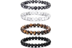 VEEDOFA Tiger Eye Beaded Bracelets for Men - Elastic 8MM Natural Stone Bracelet Set Lava Rock Bracelets Gifts for Son Grandson Bonus Son Boyfriend Brother