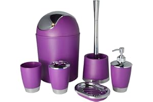 FINGEY Bathlux Modern Design 6 Piece Bathroom Accessory Set, Toilet Brush, Waste Bin, Soap Dish, Tooth Brush Holder Soap Dispenser, Rinse Cup (Purple)