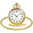 Smooth Vintage Steel Quartz Pocket Watch Classic Fob Pocket Watch with Short Chain for Men Women - Gift for Birthday Anniversary Day Christmas Fathers Day (Gold)