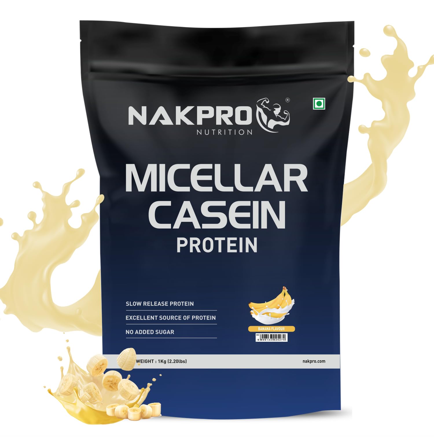 NAKPRO 100% Micellar Casein Protein Supplement |25g Protein, 9.91g EAAs, 4.83g BCAAs| Slow Absorbing Micellar Casein Protein 