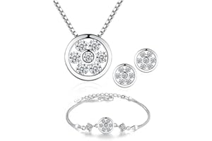 Crystalina Juego de Joyas de Plata 925 para Mujer, Conjunto de Collar Pendientes y Pulsera con Circonitas, Conjunto joyas de plata para Mujer, Regalos Originales para Mujer (Flor)