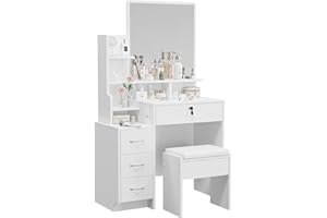 Dripex White Dressing Table with Large Wide Mirror & Soft Stool, Vanity Desk Set with Open Storage Shelves, 4 Wooden Drawers, Makeup Desk, Spacious Storage