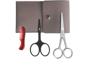 LIVINGO Ciseaux à barbe et moustache pour homme, 11,4 cm, professionnels, pointe arrondie en acier inoxydable, pointue, petite beauté avec mini peigne et étui en cuir