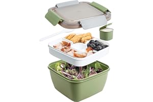Greentainer 1,474 ml pojemnik na sałatkę, pojemnik na lunch, bez BPA, 3 przegródki na polewy sałatkowe i przekąski, miska sałatkowa z pojemnikiem na dressing, wbudowana łyżka wielokrotnego użytku,