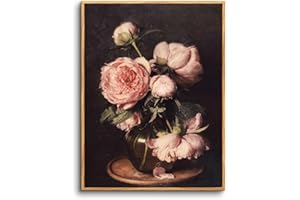 hyidecorart Quadri Vintage Soggiorno con Cornice Legno, 20x25 cm Stampe da Parete Rosa Fiore di Peonia Rosa, Quadro Camera da Letto Su Tela Decorazioni Parete Desktop Arte Bagno Ufficio Sala da Pranzo