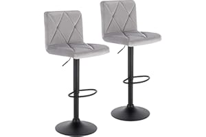 Lestarain Lot de 2 Tabourets de Bar avec Poignée Réglable en Hauteur et Rotative à 360°,Chaise de Bar avec Dossier et Repose-Pieds,Assise en Velours et Pieds en Métal,Gris Clair