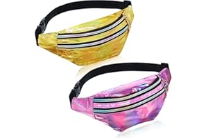 Gosure Holographic Waist Bag 2 Pack Bumbag Waist Bag,Running Waist Fanny Pack for Men Women, Adjustable Belt Waist Packs for Rave Sport Hiking Travel (01 Pink, Gold)