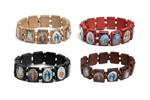 VINEEN Lot de 4 bracelets Jésus en bois Saints Chapelet extensible en bois avec petites plaques avec images de Saint Jésus religieux Cadeau pour hommes et femmes, Large, Bois