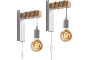‎SENFAY Wandleuchte Innen Vintage mit schalter und stecker, Retro industrial Wandlampe aus metall und holz, Wandspot Weiß E27 Für Wohnzimmer Schlafzimmer Treppen Flur, 2 Stücke