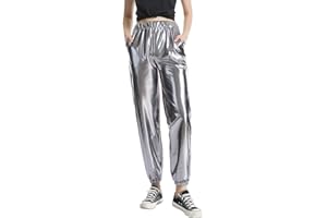 FYMNSI Damen Metallic Glänzed Hose Elastischer Bund Sporthose Locker Freizeit Casual Lang Hose Sweathose Jogginghose Leggins Einfarbig Wet Look Stretch Leggings Tanzhosen Party Disco Clubwear