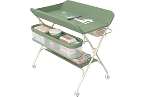 Supfine Table à Langer Pliable, Plan à Langer avec Panier Latéral et Tringle de Suspension, Réglable en Hauteur, avec roulettes Verrouillables (Vert, 4 en 1)