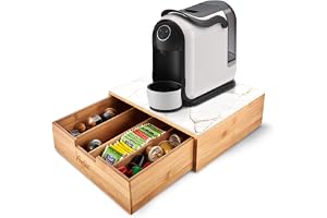 Avilia Kaffekapsel- och Kaffepadshållare i Bambu med Låda och Hylla av Vit Marmorerat Glas, Förvaring för Kaffe- och Tehörnan