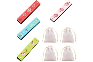 PFLYPF 4 Mundharmonika für Kinder, Cartoon-Mundharmonika aus Holz, Mundharmonika mit 16 Löchern, mit 4 Aufbewahrungstaschen (12 x 15 cm), Erwachsene, Kinder (zufälliges Muster)