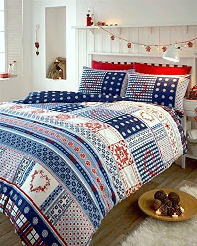 POLYCOTTON NORDIC PATTERN DUVET COVER BED SETS IN RED WHITE &amp; BLUE (Superking)